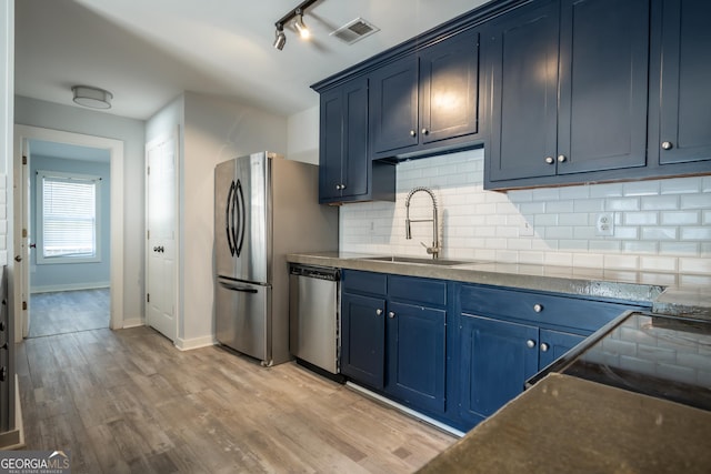 kitchen featuring light wood finished floors, visible vents, appliances with stainless steel finishes, blue cabinetry, and a sink