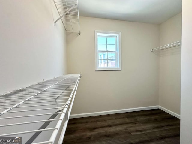 walk in closet with wood finished floors