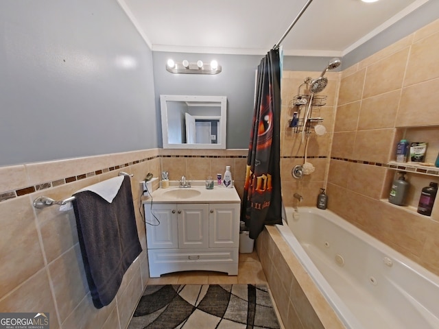 full bath featuring tile walls, a combined bath / shower with jetted tub, ornamental molding, vanity, and tile patterned flooring