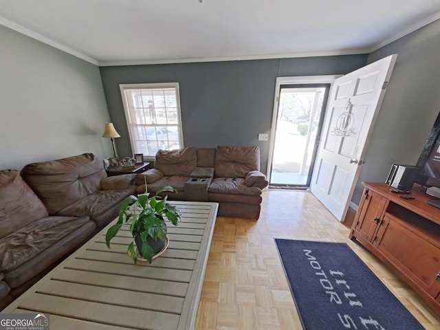 living room featuring crown molding and plenty of natural light