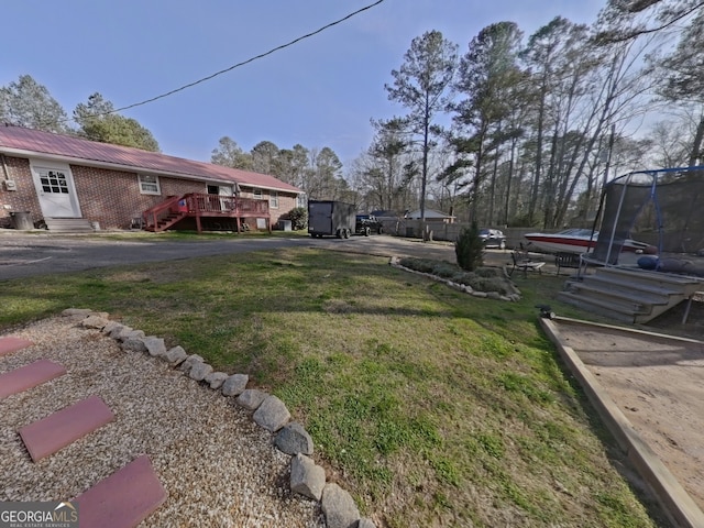 view of yard featuring entry steps and a trampoline