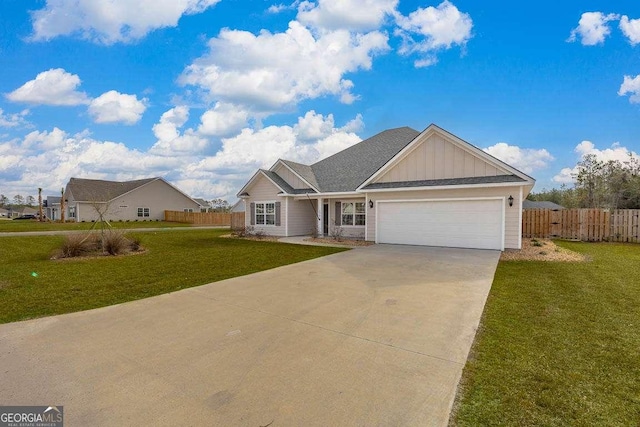 single story home with board and batten siding, concrete driveway, fence, and a front lawn