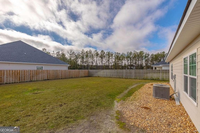 view of yard with a fenced backyard and central air condition unit