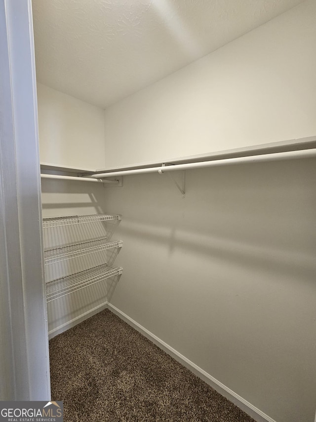 walk in closet featuring dark colored carpet