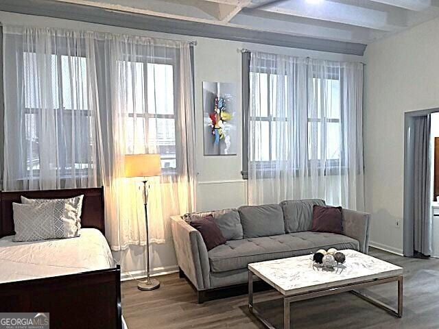 32 Peachtree St Unit 202, Atlanta, GA 30303 - living area with beamed ceiling, wood finished floors, and baseboards