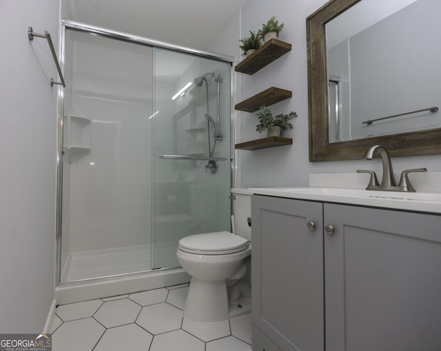 full bath featuring toilet, a shower stall, and vanity