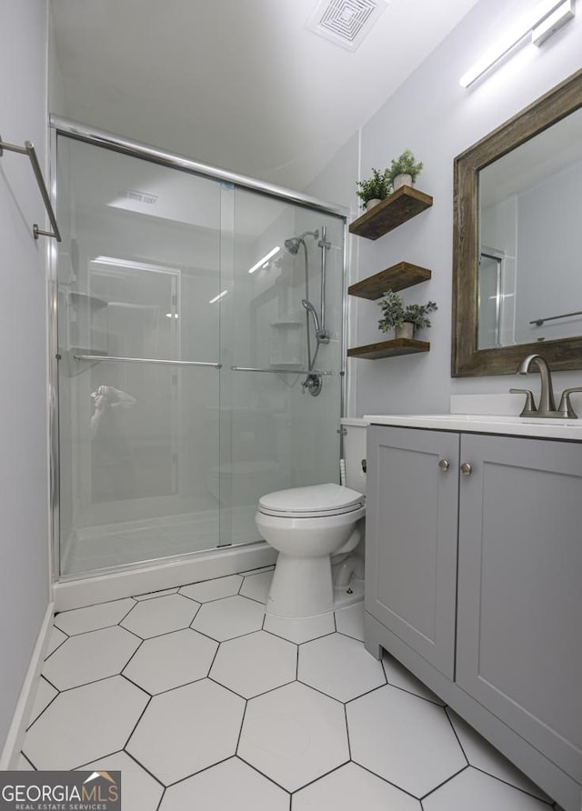 full bathroom with toilet, a shower stall, visible vents, and vanity