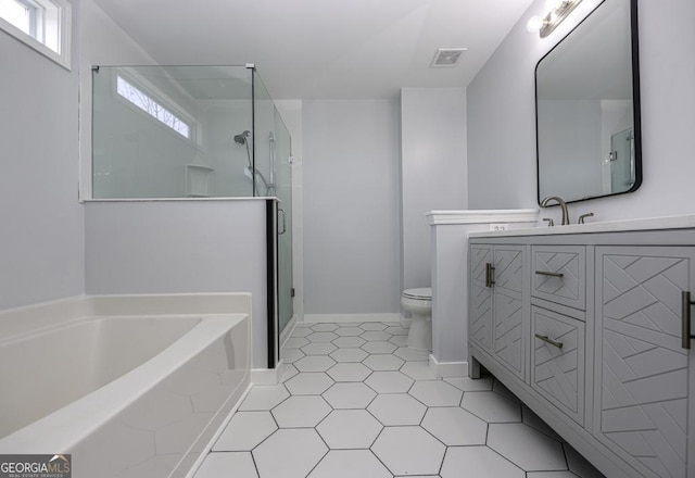 full bathroom with a stall shower, visible vents, toilet, tile patterned flooring, and a bath