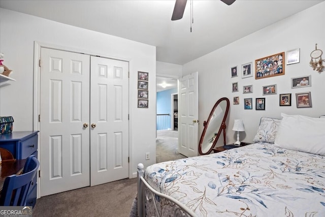 bedroom featuring a closet, ceiling fan, and carpet floors