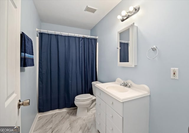 bathroom with visible vents, toilet, marble finish floor, a shower with curtain, and vanity