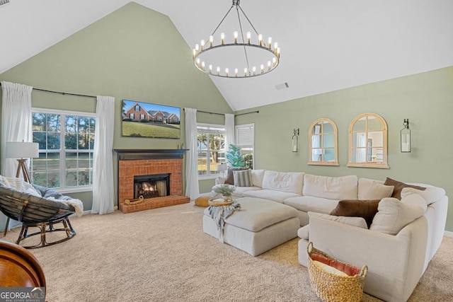 carpeted living room featuring visible vents, a brick fireplace, and high vaulted ceiling