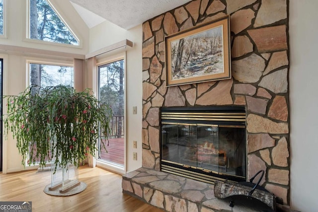 details featuring a fireplace, a textured ceiling, and wood finished floors