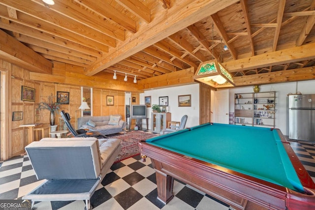 game room featuring pool table, wood walls, and tile patterned floors