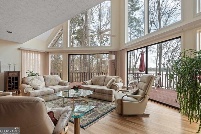 living area with a textured ceiling, a towering ceiling, and light wood-style floors