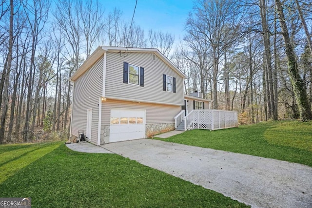 view of property exterior featuring a garage, concrete driveway, a lawn, and stone siding