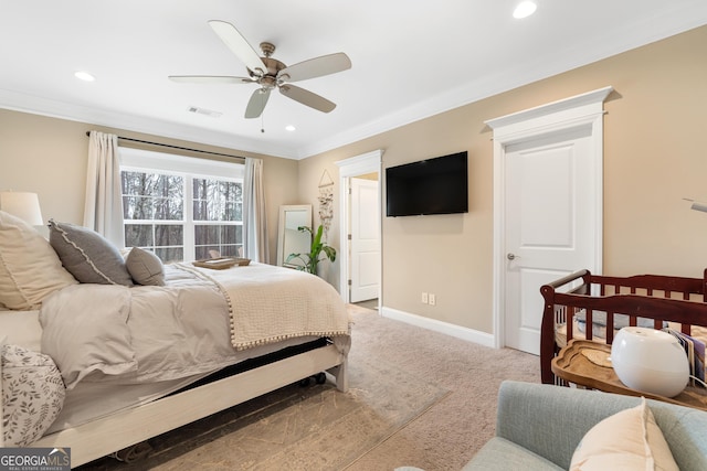 carpeted bedroom with ornamental molding, recessed lighting, and baseboards