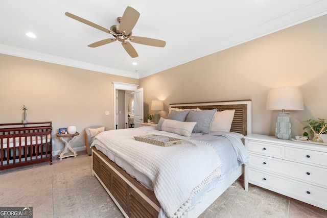 bedroom with crown molding, recessed lighting, baseboards, and light colored carpet