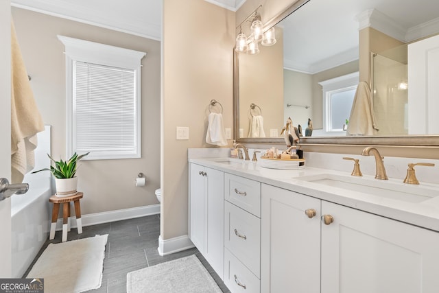 full bath featuring ornamental molding, a shower with shower door, a sink, and double vanity