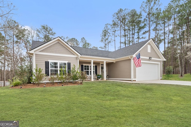 view of front of home with a garage, a front yard, driveway, and a shingled roof