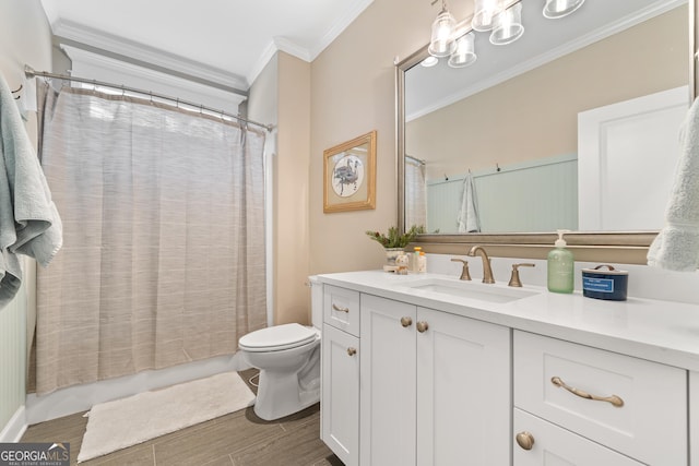 full bathroom with toilet, vanity, ornamental molding, shower / tub combo with curtain, and wood finish floors