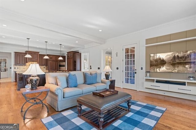 230 Hawks Lake Dr, Ball Ground, GA 30107 - living room with light wood-style flooring, crown molding, and recessed lighting