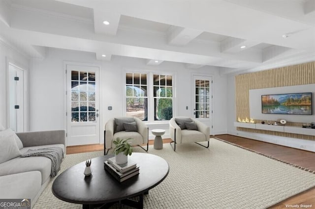 230 Hawks Lake Dr, Ball Ground, GA 30107 - living area with coffered ceiling, wood finished floors, recessed lighting, ornamental molding, and beamed ceiling
