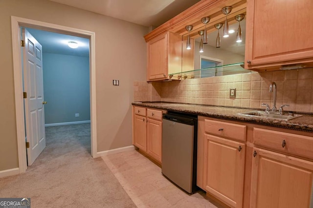 kitchen with light carpet, light brown cabinetry, a sink, tasteful backsplash, and dishwasher