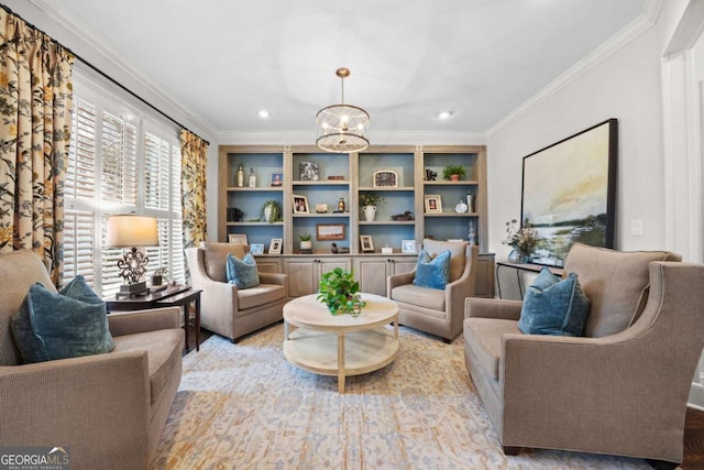 sitting room featuring recessed lighting, ornamental molding, a notable chandelier, and wood finished floors