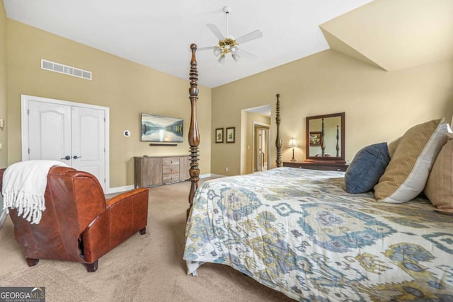 bedroom with visible vents, baseboards, a ceiling fan, carpet, and a closet