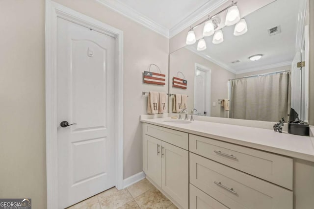 full bathroom with vanity, visible vents, baseboards, ornamental molding, and tile patterned floors