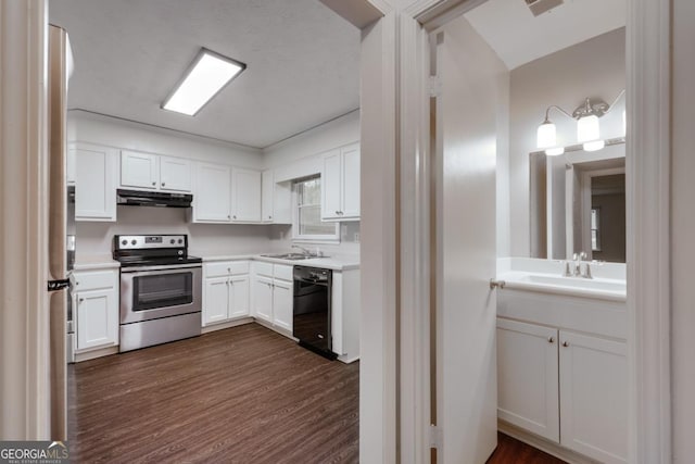 kitchen featuring dark wood-style flooring, stainless steel appliances, white cabinetry, a sink, and under cabinet range hood