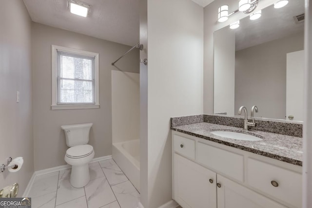 bathroom featuring marble finish floor, visible vents, toilet, shower / tub combination, and baseboards