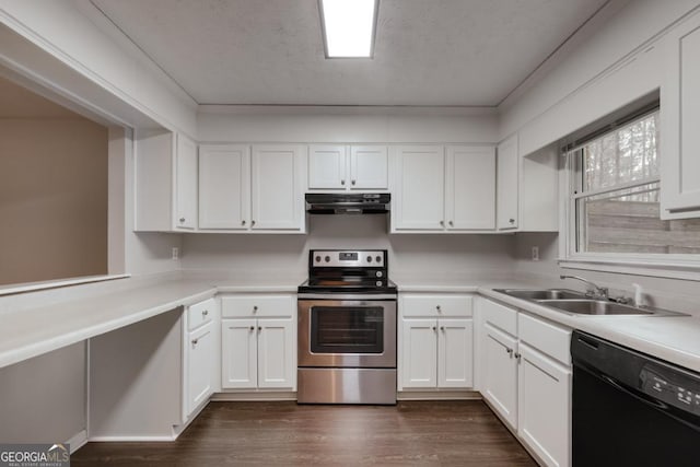 kitchen with black dishwasher, white cabinets, dark wood-style flooring, under cabinet range hood, and stainless steel range with electric stovetop