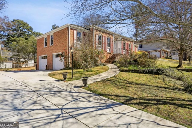 view of front facade featuring a garage, concrete driveway, brick siding, and a front lawn