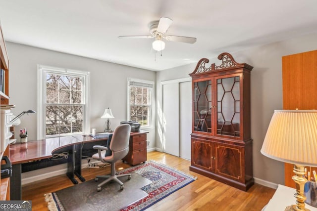 office featuring ceiling fan, baseboards, and wood finished floors