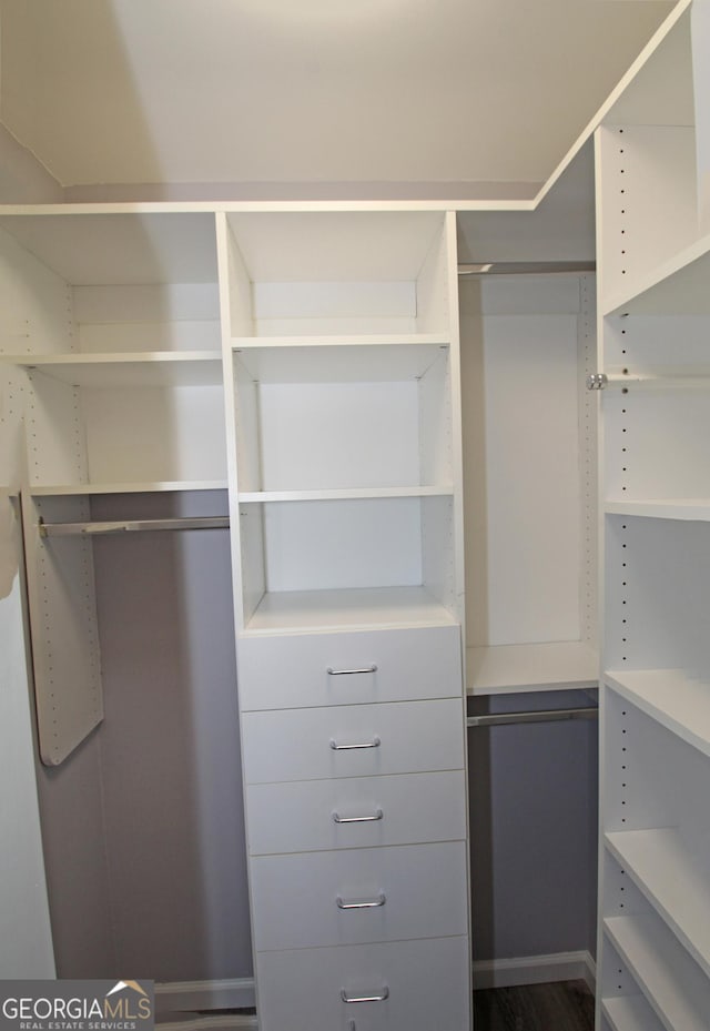 walk in closet featuring dark wood-style flooring