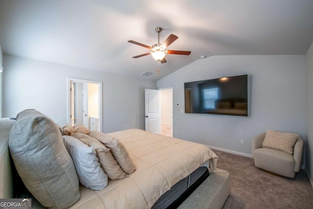 carpeted bedroom with a ceiling fan, lofted ceiling, visible vents, and baseboards