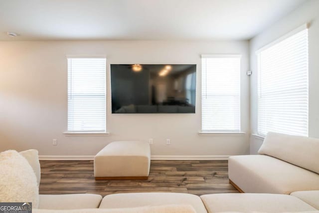 living room with baseboards, wood finished floors, and a healthy amount of sunlight