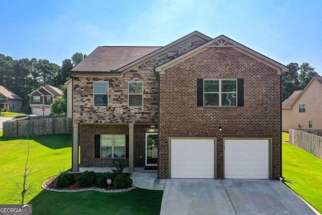 view of front of house featuring a garage, brick siding, fence, concrete driveway, and a front yard