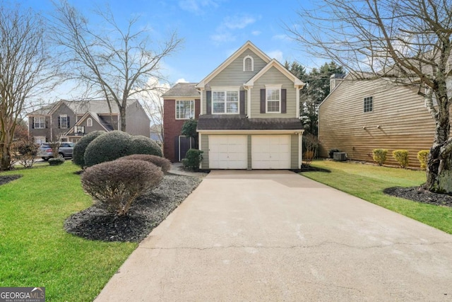 view of front of property featuring concrete driveway, central AC unit, a front lawn, and an attached garage