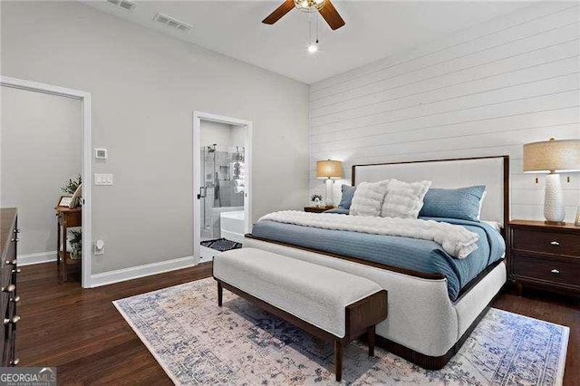 bedroom featuring dark wood-type flooring, visible vents, ceiling fan, and baseboards