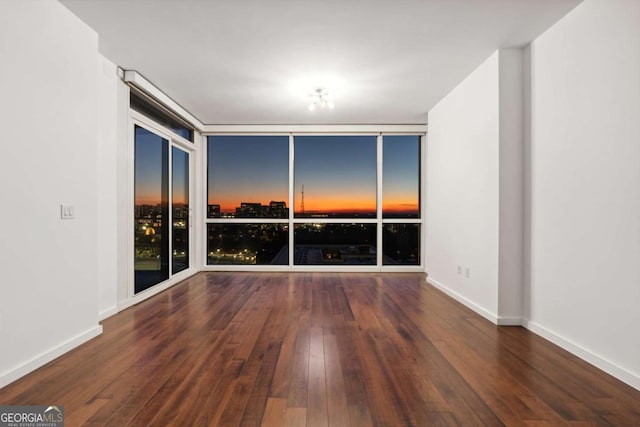 spare room featuring expansive windows, hardwood / wood-style flooring, and baseboards