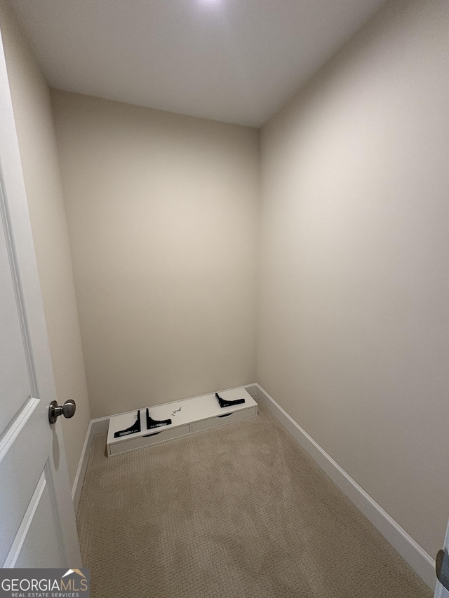 laundry room with carpet flooring and baseboards