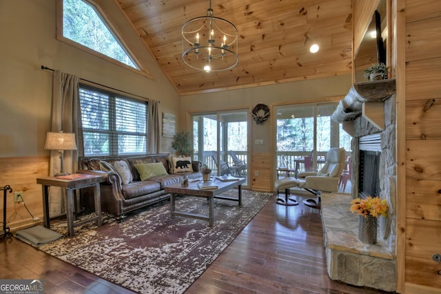 living room with high vaulted ceiling, wood ceiling, a fireplace, and hardwood / wood-style flooring