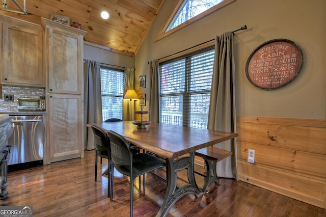 dining space featuring a healthy amount of sunlight, dark wood-style floors, wooden ceiling, and vaulted ceiling