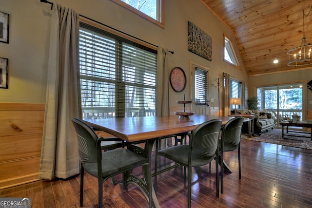 dining space featuring a chandelier, high vaulted ceiling, hardwood / wood-style floors, and wooden ceiling