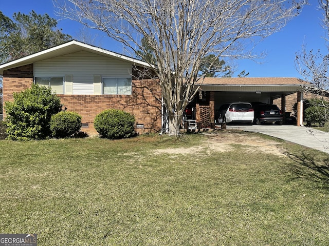 ranch-style house featuring brick siding, concrete driveway, crawl space, a carport, and a front yard