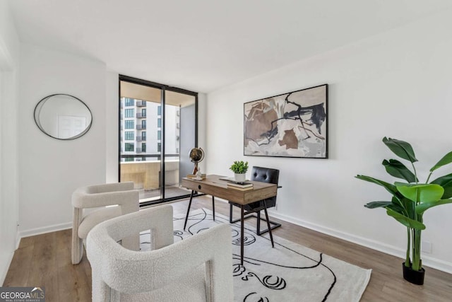 office with baseboards, a wall of windows, and wood finished floors