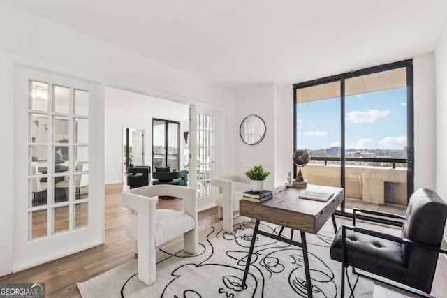 interior space with french doors, wood finished floors, and floor to ceiling windows