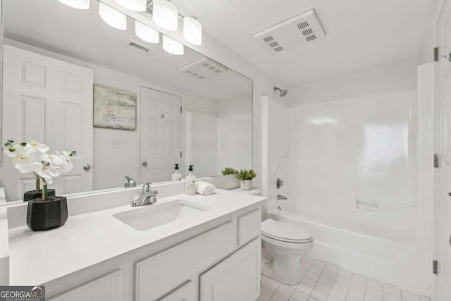 bathroom featuring tile patterned flooring, bathtub / shower combination, visible vents, and toilet